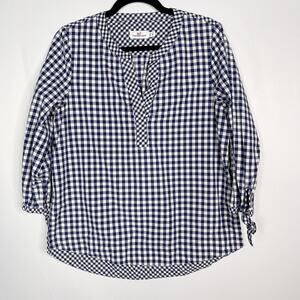 Vineyard Vines Medium M Blue White Gingham Plaid Tie Sleeve Top Blouse Cotton